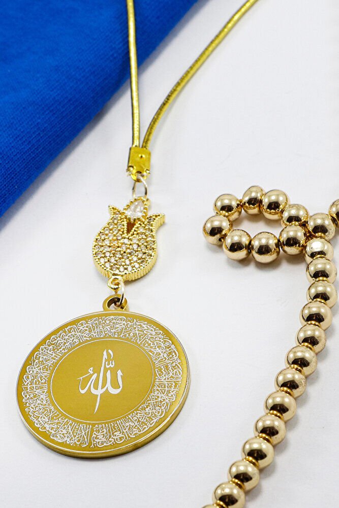 Zirkon Lale Gold Renkli Ayetel Kürsi Allah Lafzı Felak Nas İhlas Çelik Araba Ayna Süsü