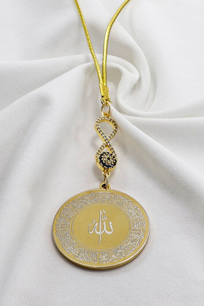 Zircon Infinity Gold Color Ayetel Kursi Allah Word Falaq Nas Ihlas Steel Car Mirror Ornament