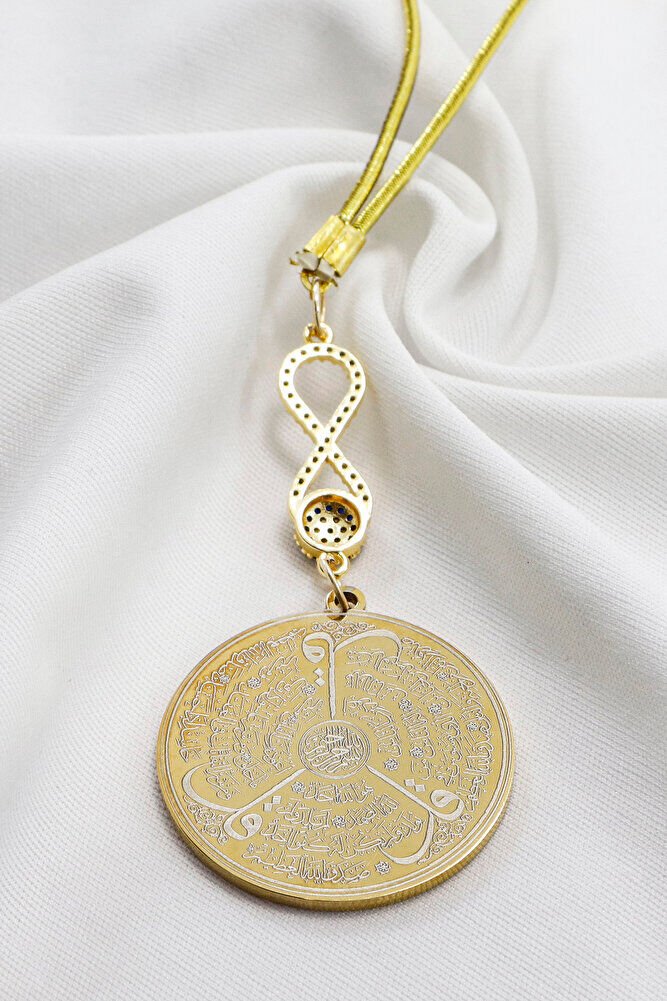 Zircon Infinity Gold Color Ayetel Kursi Allah Word Falaq Nas Ihlas Steel Car Mirror Ornament