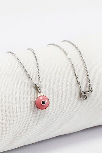 Çerçeveli Pembe Nazar Boncuklu Bijuteri Kolye (Çelik Zincir 60 cm), Gümüş Renkli