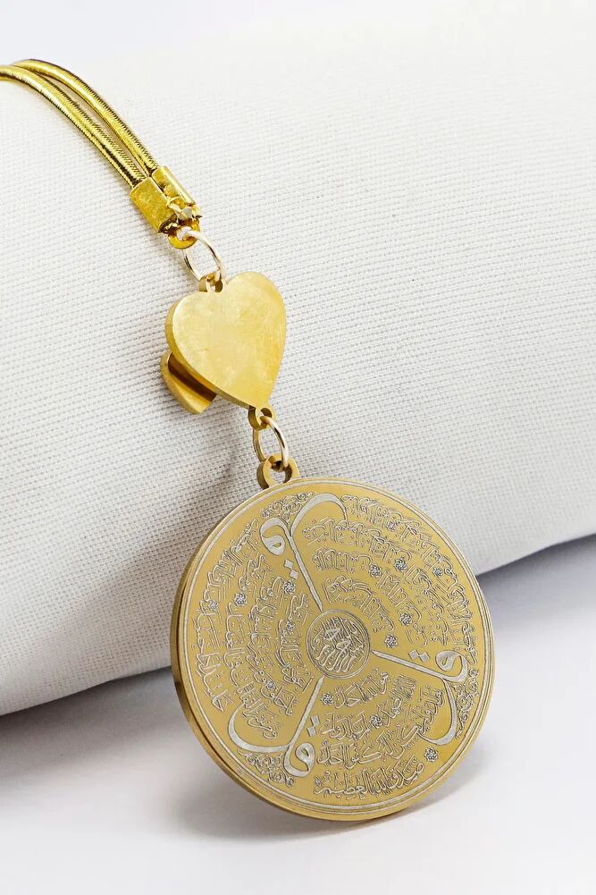 Sedefli Kalp Gold Renkli Ayetel Kürsi Allah Lafzı Felak Nas İhlas Komple Çelik Araba Ayna Süsü