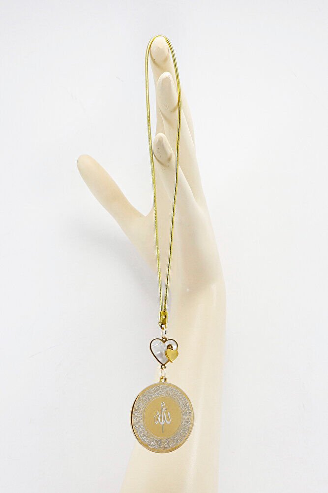 Sedefli Kalp Gold Renkli Ayetel Kürsi Allah Lafzı Felak Nas İhlas Komple Çelik Araba Ayna Süsü