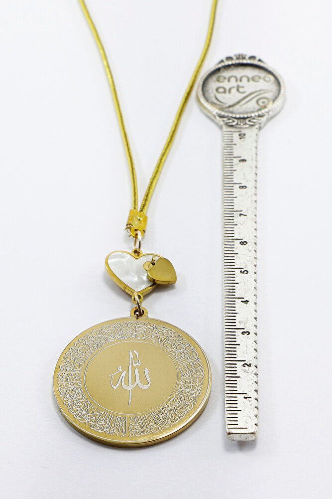 Sedefli Kalp Gold Renkli Ayetel Kürsi Allah Lafzı Felak Nas İhlas Komple Çelik Araba Ayna Süsü