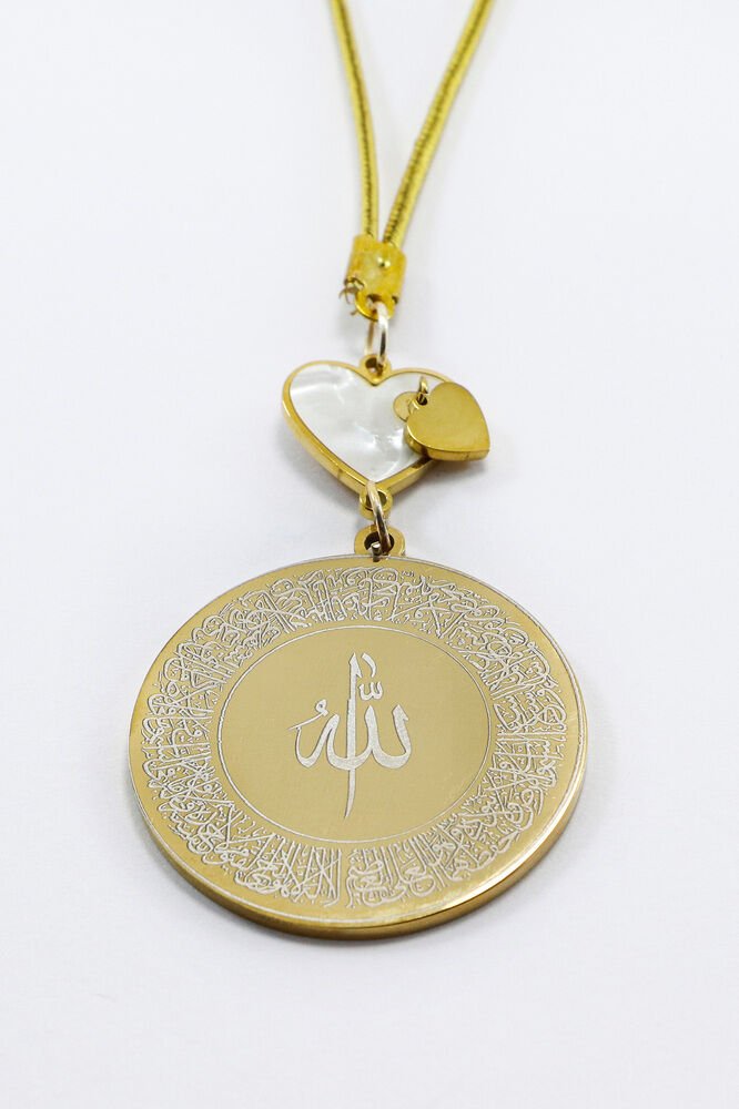 Sedefli Kalp Gold Renkli Ayetel Kürsi Allah Lafzı Felak Nas İhlas Komple Çelik Araba Ayna Süsü