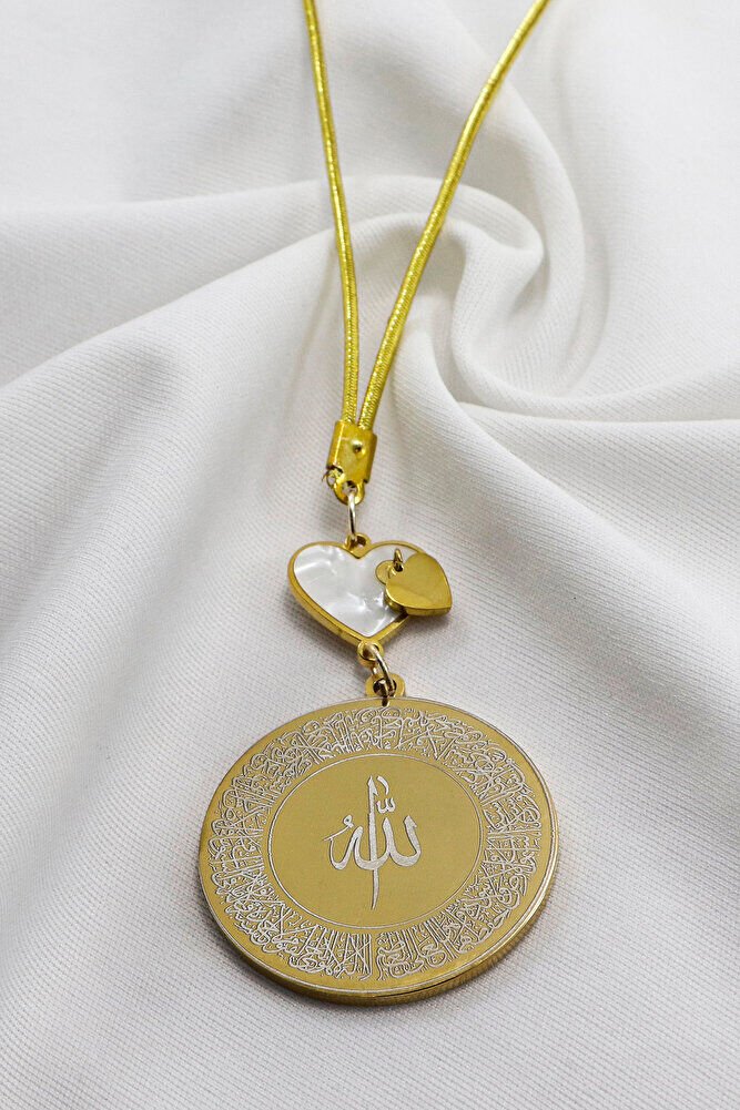 Sedefli Kalp Gold Renkli Ayetel Kürsi Allah Lafzı Felak Nas İhlas Komple Çelik Araba Ayna Süsü