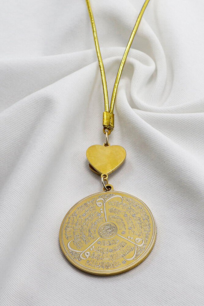 Sedefli Kalp Gold Renkli Ayetel Kürsi Allah Lafzı Felak Nas İhlas Komple Çelik Araba Ayna Süsü