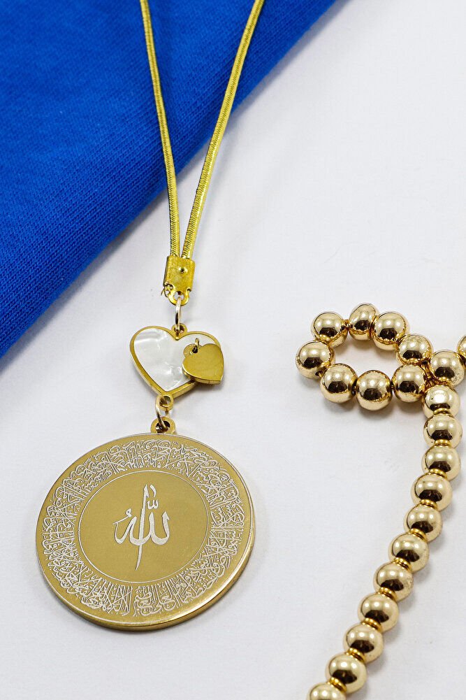 Sedefli Kalp Gold Renkli Ayetel Kürsi Allah Lafzı Felak Nas İhlas Komple Çelik Araba Ayna Süsü