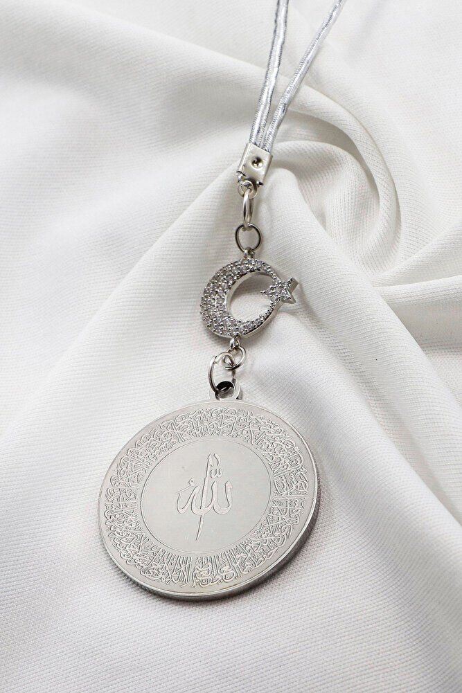 Ay Yıldızlı Gümüş Renkli Ayetel Kürsi Allah Lafzı Felak Nas İhlas Çelik Araba Ayna Süsü