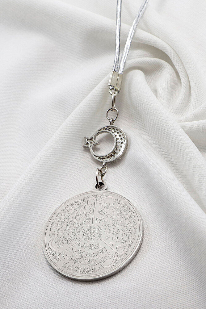 Ay Yıldızlı Gümüş Renkli Ayetel Kürsi Allah Lafzı Felak Nas İhlas Çelik Araba Ayna Süsü