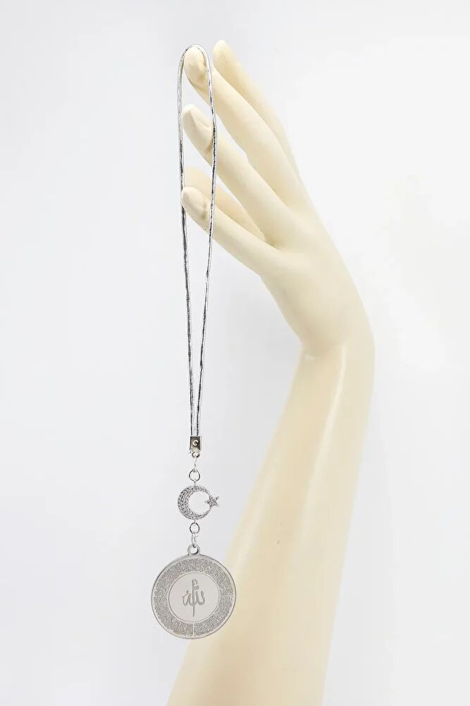 Ay Yıldızlı Gümüş Renkli Ayetel Kürsi Allah Lafzı Felak Nas İhlas Çelik Araba Ayna Süsü