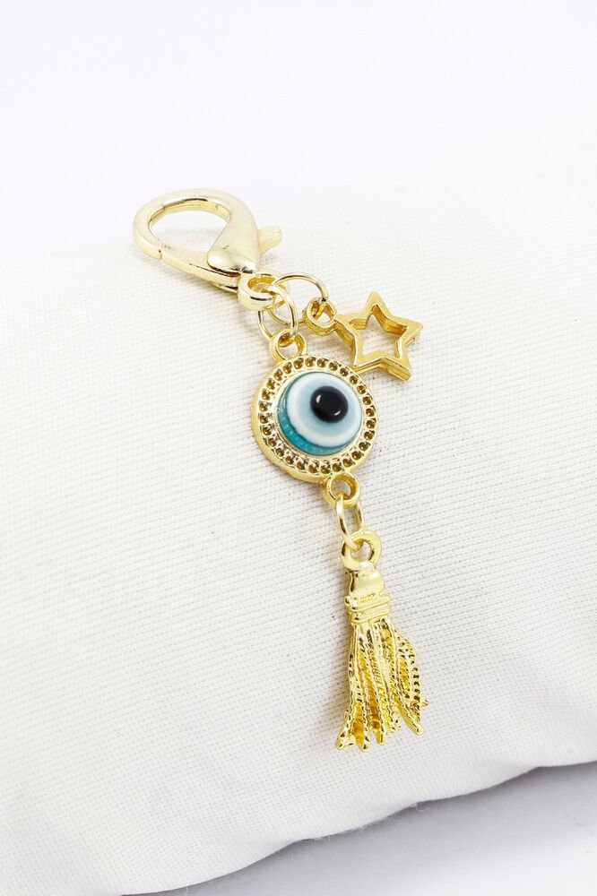 Gold Renkli Metal Çerçeveli Nazar Boncuğu Püsküllü Klipsli Cüzdan Süsü Charm Çanta Süsü Anahtarlık