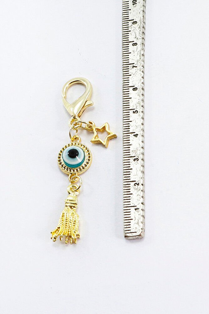 Gold Renkli Metal Çerçeveli Nazar Boncuğu Püsküllü Klipsli Cüzdan Süsü Charm Çanta Süsü Anahtarlık