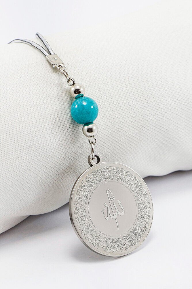 Turkuaz Boncuklu Gümüş Renkli Ayetel Kürsi Allah Lafzı Felak Nas İhlas Çelik Araba Ayna Süsü
