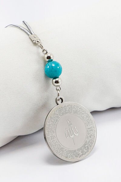 Turkuaz Boncuklu Gümüş Renkli Ayetel Kürsi Allah Lafzı Felak Nas İhlas Çelik Araba Ayna Süsü