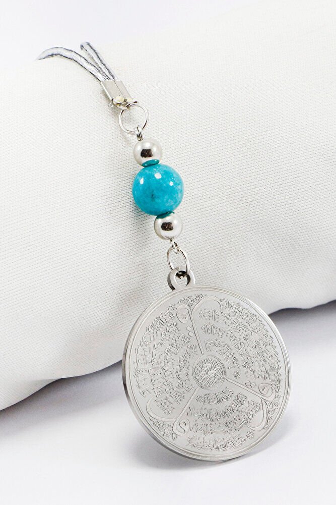 Turkuaz Boncuklu Gümüş Renkli Ayetel Kürsi Allah Lafzı Felak Nas İhlas Çelik Araba Ayna Süsü