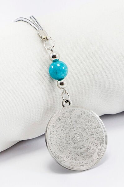 Turkuaz Boncuklu Gümüş Renkli Ayetel Kürsi Allah Lafzı Felak Nas İhlas Çelik Araba Ayna Süsü