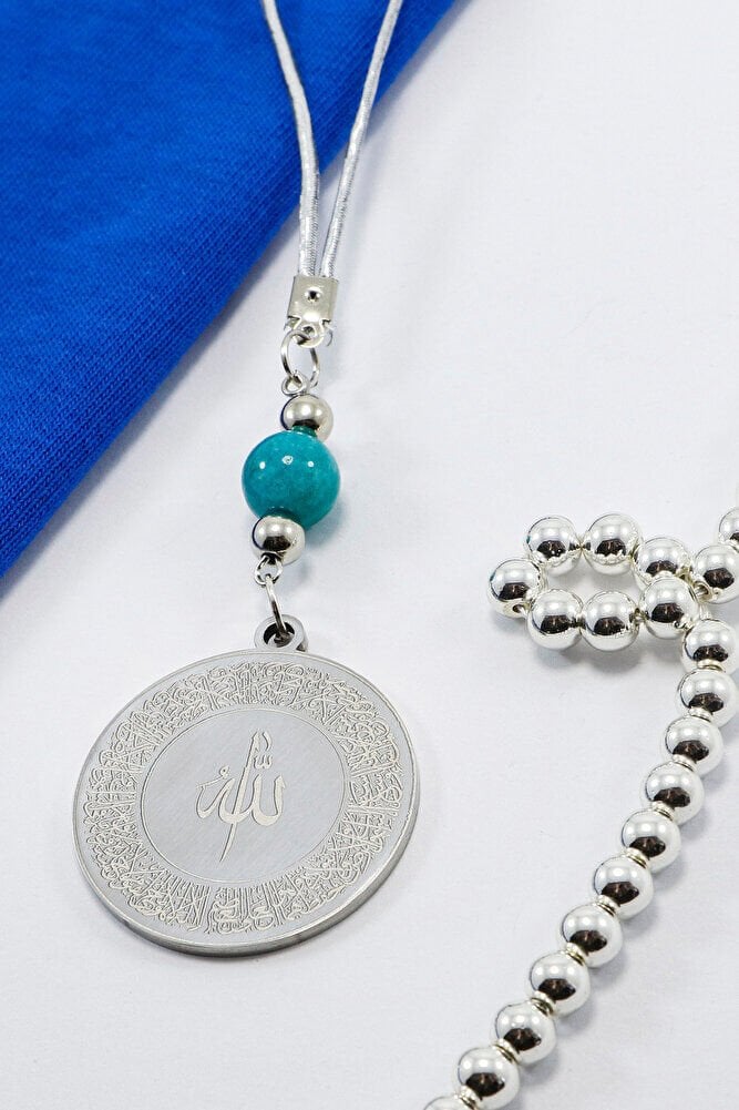 Turkuaz Boncuklu Gümüş Renkli Ayetel Kürsi Allah Lafzı Felak Nas İhlas Çelik Araba Ayna Süsü
