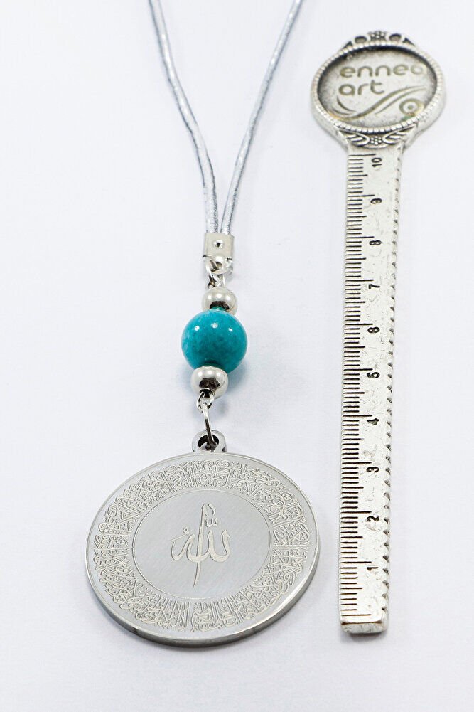 Turkuaz Boncuklu Gümüş Renkli Ayetel Kürsi Allah Lafzı Felak Nas İhlas Çelik Araba Ayna Süsü