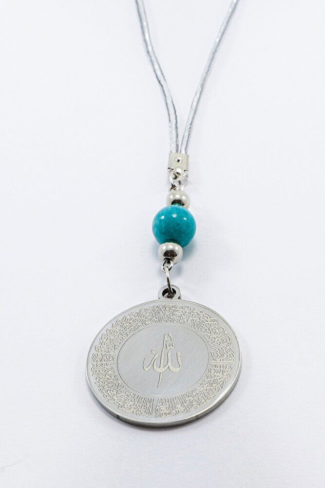 Turkuaz Boncuklu Gümüş Renkli Ayetel Kürsi Allah Lafzı Felak Nas İhlas Çelik Araba Ayna Süsü