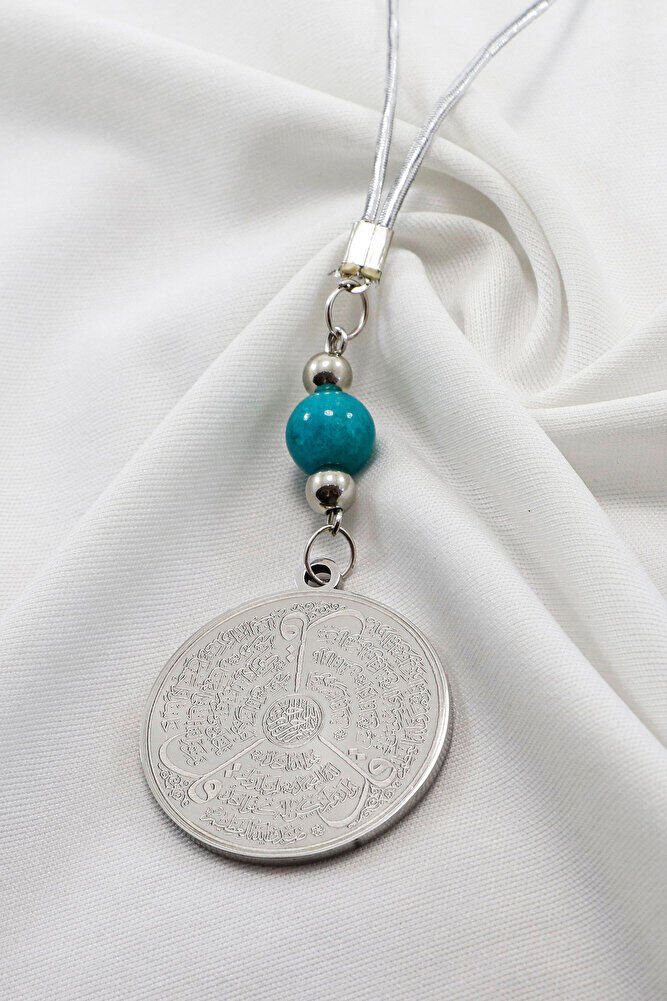 Turkuaz Boncuklu Gümüş Renkli Ayetel Kürsi Allah Lafzı Felak Nas İhlas Çelik Araba Ayna Süsü