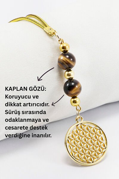 Doğal Taşlı Metal Yaşam Çiçeği Araba Dikiz Ayna Süsü, Kaplan Gözü Taşlı Araba Hediyesi