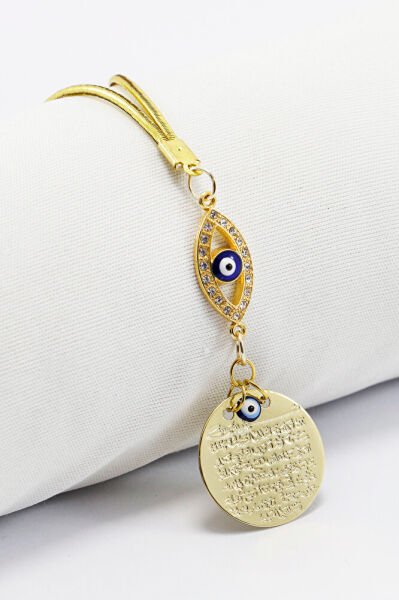 Zirkon Taşlı Gözlü Metal Ayetel Kürsi Dualı Dikiz Ayna Süsü, Yeni Araba Hediyesi