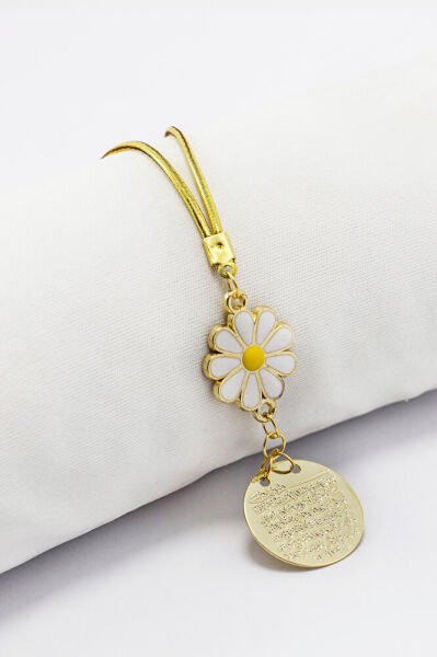 Beyaz Papatyalı Metal Ayetel Kürsi Dualı Dikiz Ayna Süsü, Yeni Araba Hediyesi