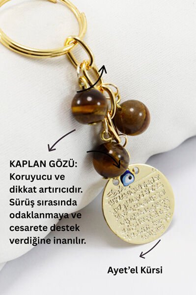 Doğal Taşlı Metal Ayetel Kürsi Dualı Anahtarlık, Kaplan Gözü Boncuklu Çanta Süsü