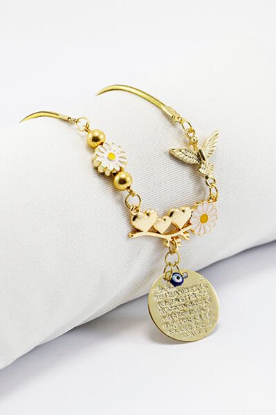 Papatyalı Kuşlu Salkım Metal Ayetel Kürsi Dualı Dikiz Ayna Süsü, Yeni Araba Hediyesi