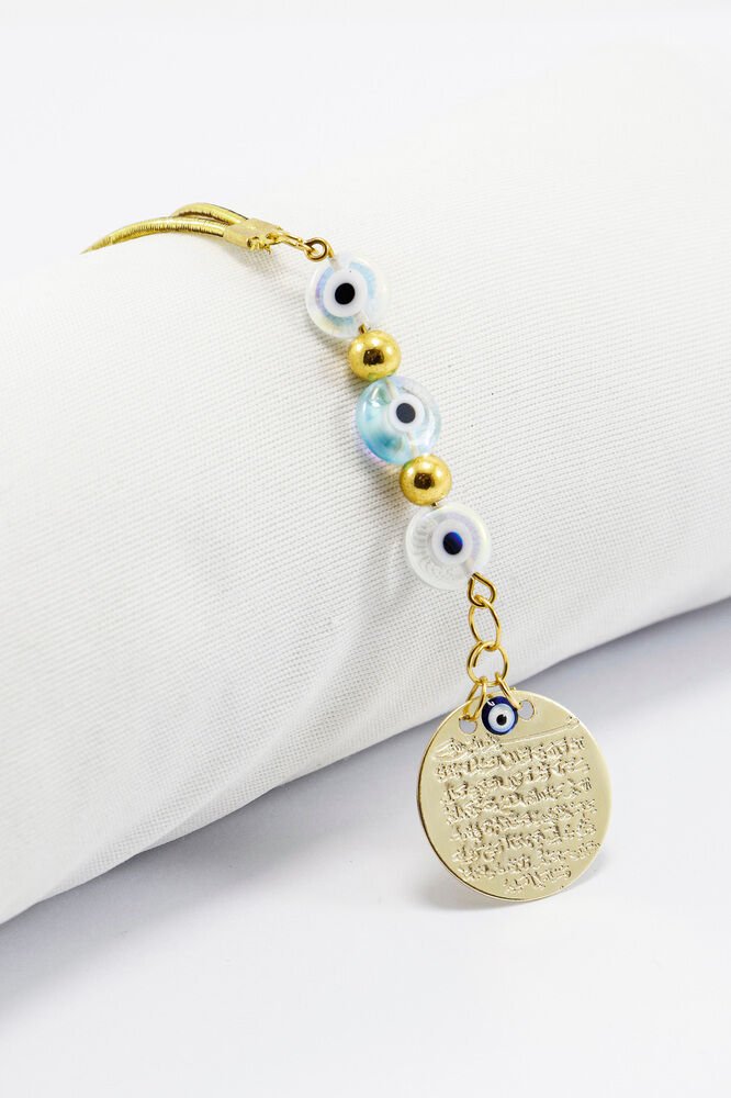 Çift Renkli Yassı Nazar Boncuklu Metal Ayetel Kürsi Dualı Dikiz Ayna Süsü, Yeni Araba Hediyesi