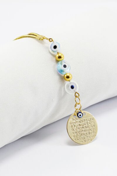 Çift Renkli Yassı Nazar Boncuklu Metal Ayetel Kürsi Dualı Dikiz Ayna Süsü, Yeni Araba Hediyesi