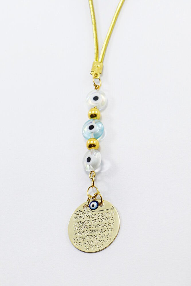 Çift Renkli Yassı Nazar Boncuklu Metal Ayetel Kürsi Dualı Dikiz Ayna Süsü, Yeni Araba Hediyesi