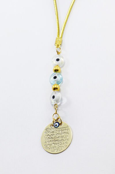 Çift Renkli Yassı Nazar Boncuklu Metal Ayetel Kürsi Dualı Dikiz Ayna Süsü, Yeni Araba Hediyesi