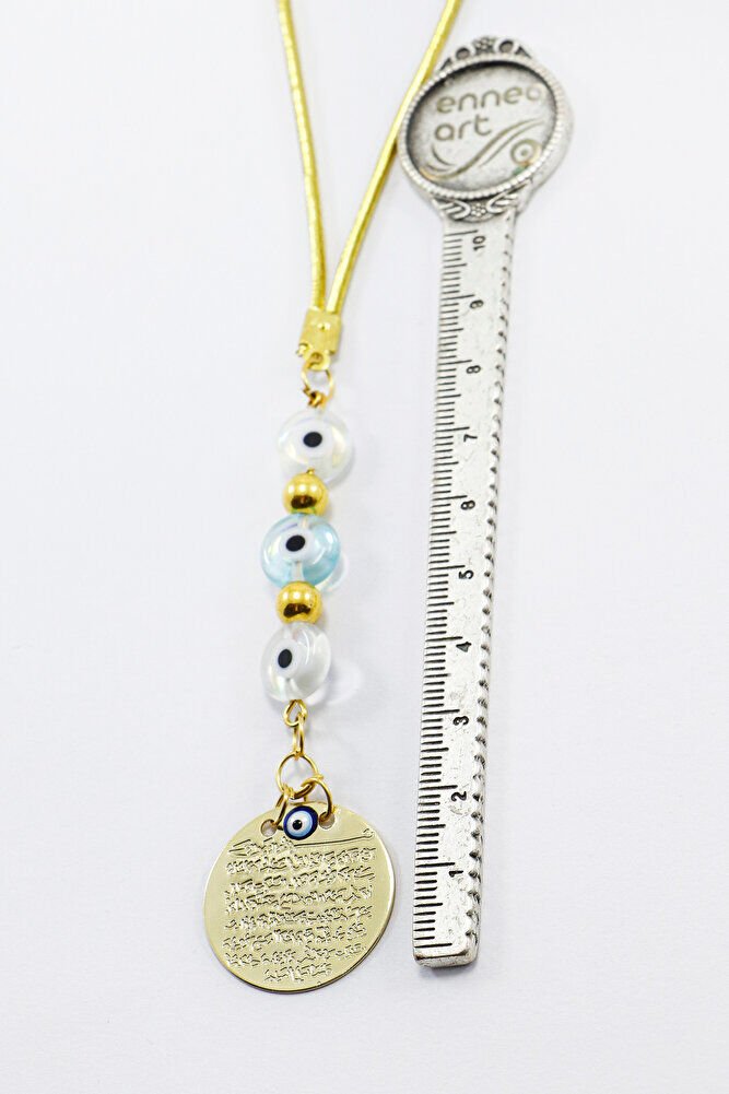 Çift Renkli Yassı Nazar Boncuklu Metal Ayetel Kürsi Dualı Dikiz Ayna Süsü, Yeni Araba Hediyesi