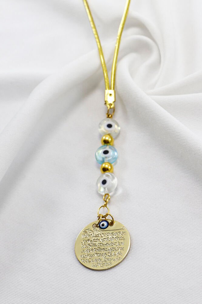 Çift Renkli Yassı Nazar Boncuklu Metal Ayetel Kürsi Dualı Dikiz Ayna Süsü, Yeni Araba Hediyesi