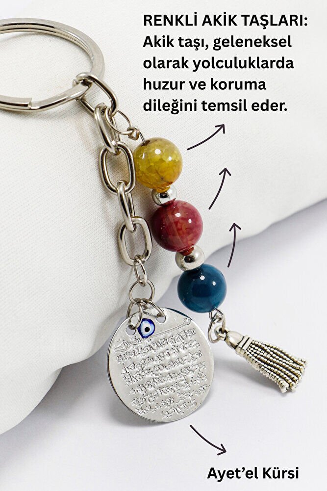 Doğal Taşlı Metal Ayetel Kürsi Dualı Anahtarlık, Farklı Renklerde Akik Taşları Çanta Süsü