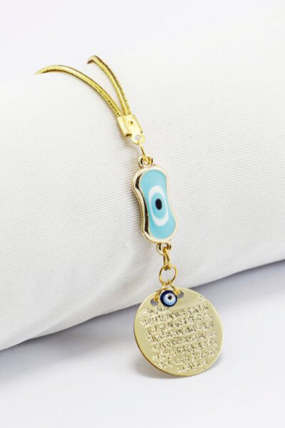 Bebe Mavisi Elips Nazarlı Metal Ayetel Kürsi Dualı Dikiz Ayna Süsü, Yeni Araba Hediyesi