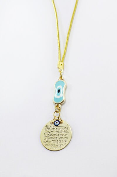 Bebe Mavisi Elips Nazarlı Metal Ayetel Kürsi Dualı Dikiz Ayna Süsü, Yeni Araba Hediyesi