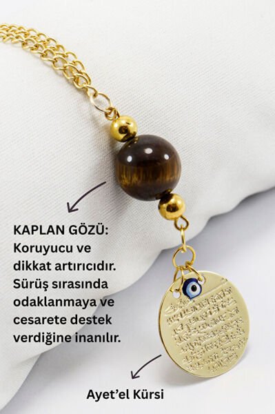 Doğal Taşlı Metal Ayetel Kürsi Dualı Araba Dikiz Ayna Süsü, Zincirli Kaplan Gözü Taşlı