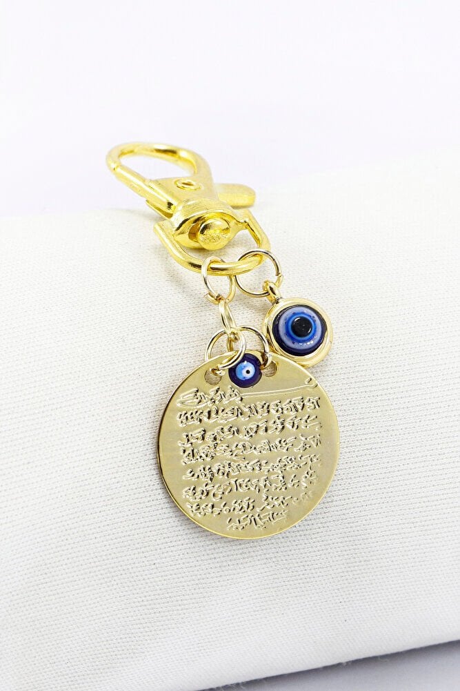 Metal Nazar Boncuğu Metal Ayet'el Kürsi Gold Renkli Klipsli Cüzdan Süsü Charm Çanta Süsü Anahtarlık