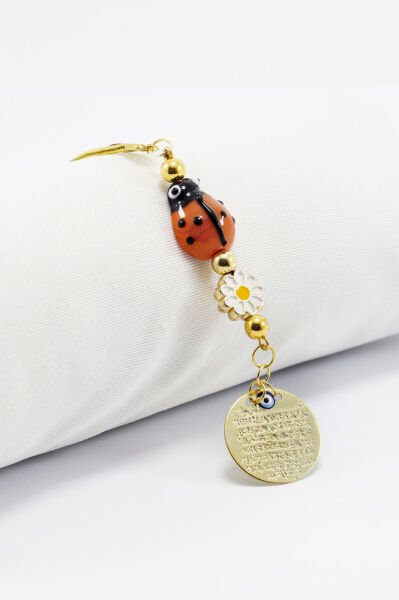 Papatyalı Gold Renkli Cam Uğur Böcekli Metal Ayetel Kürsi Dualı Dikiz Ayna Süsü, Yeni Araba Hediyesi