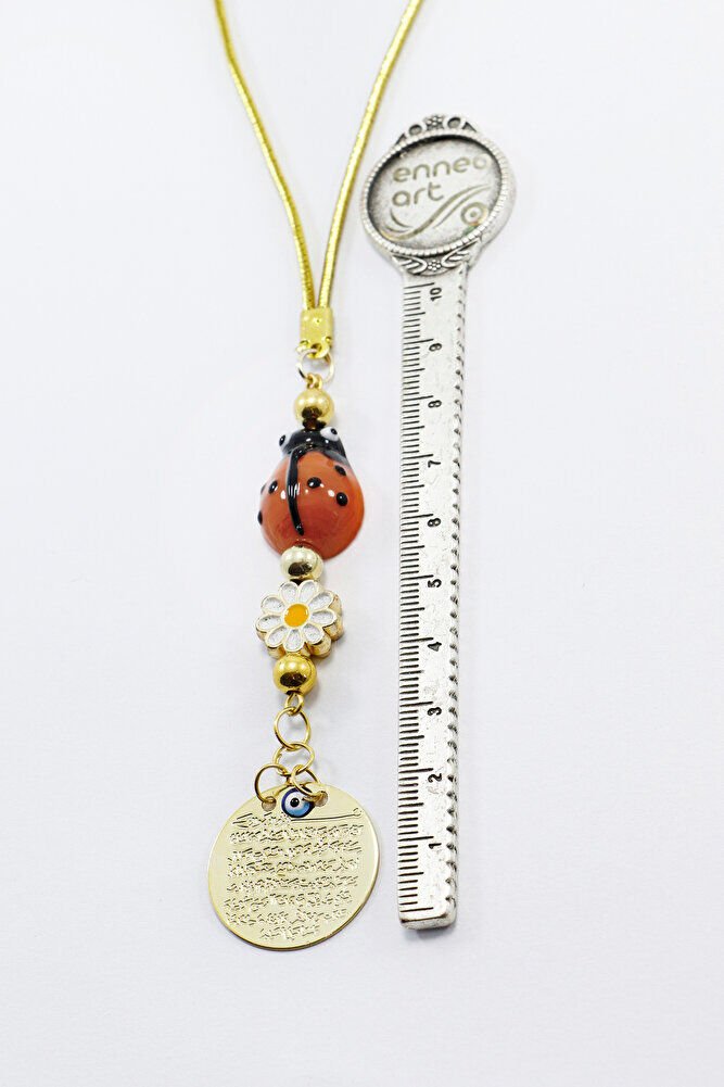 Papatyalı Gold Renkli Cam Uğur Böcekli Metal Ayetel Kürsi Dualı Dikiz Ayna Süsü, Yeni Araba Hediyesi