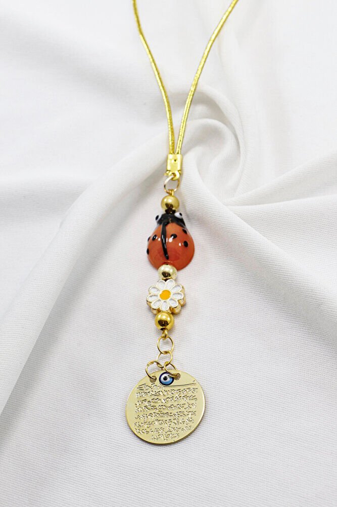 Papatyalı Gold Renkli Cam Uğur Böcekli Metal Ayetel Kürsi Dualı Dikiz Ayna Süsü, Yeni Araba Hediyesi