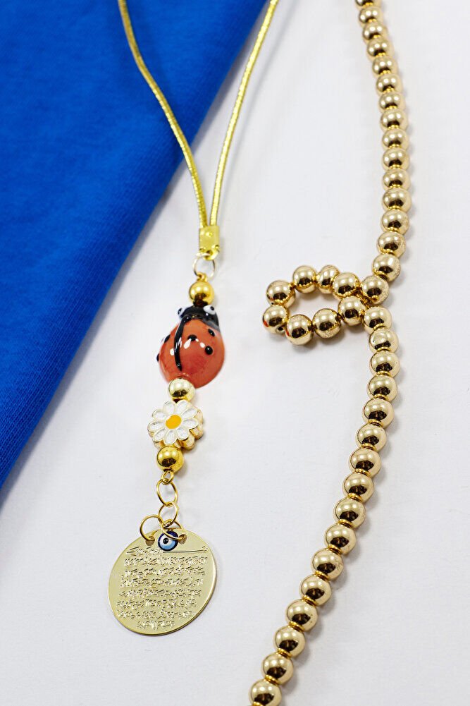 Papatyalı Gold Renkli Cam Uğur Böcekli Metal Ayetel Kürsi Dualı Dikiz Ayna Süsü, Yeni Araba Hediyesi