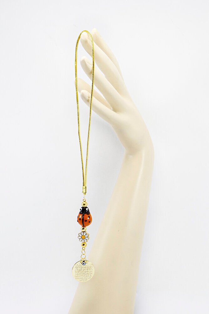 Papatyalı Gold Renkli Cam Uğur Böcekli Metal Ayetel Kürsi Dualı Dikiz Ayna Süsü, Yeni Araba Hediyesi