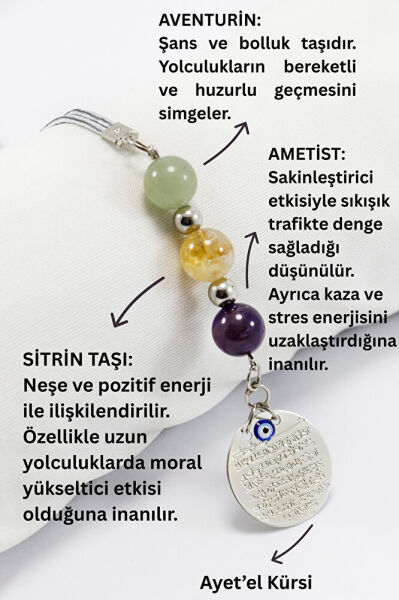 Doğal Taşlı Metal Ayetel Kürsi Dualı Araba Dikiz Ayna Süsü, Ametist, Sitrin Taşı, Aventurin