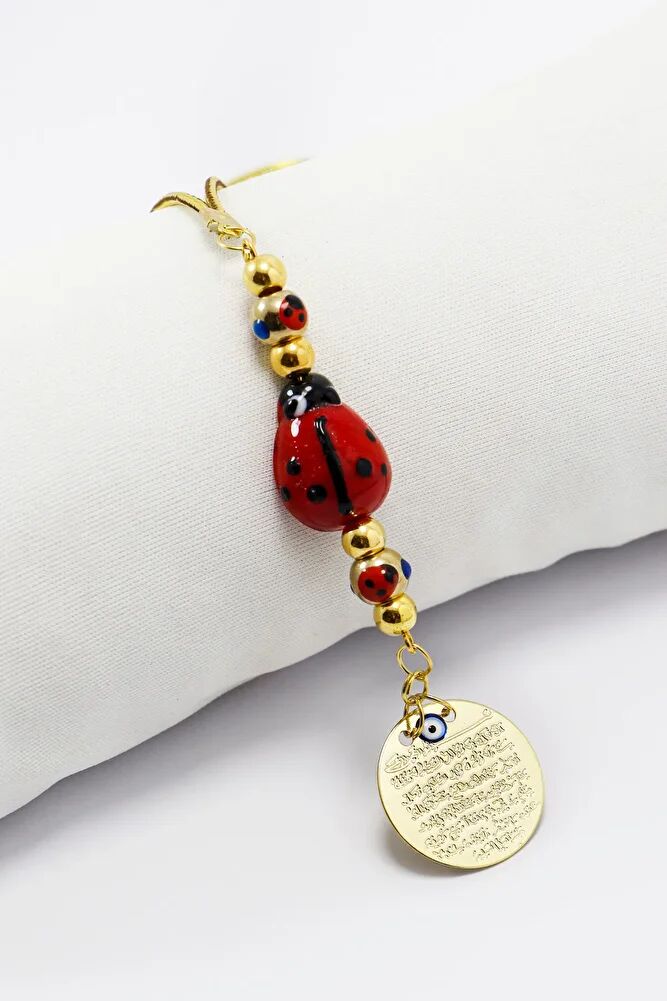 Gold Renkli Cam Uğur Böcekli Metal Ayetel Kürsi Dualı Dikiz Ayna Süsü, Yeni Araba Hediyesi