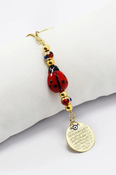 Gold Renkli Cam Uğur Böcekli Metal Ayetel Kürsi Dualı Dikiz Ayna Süsü, Yeni Araba Hediyesi