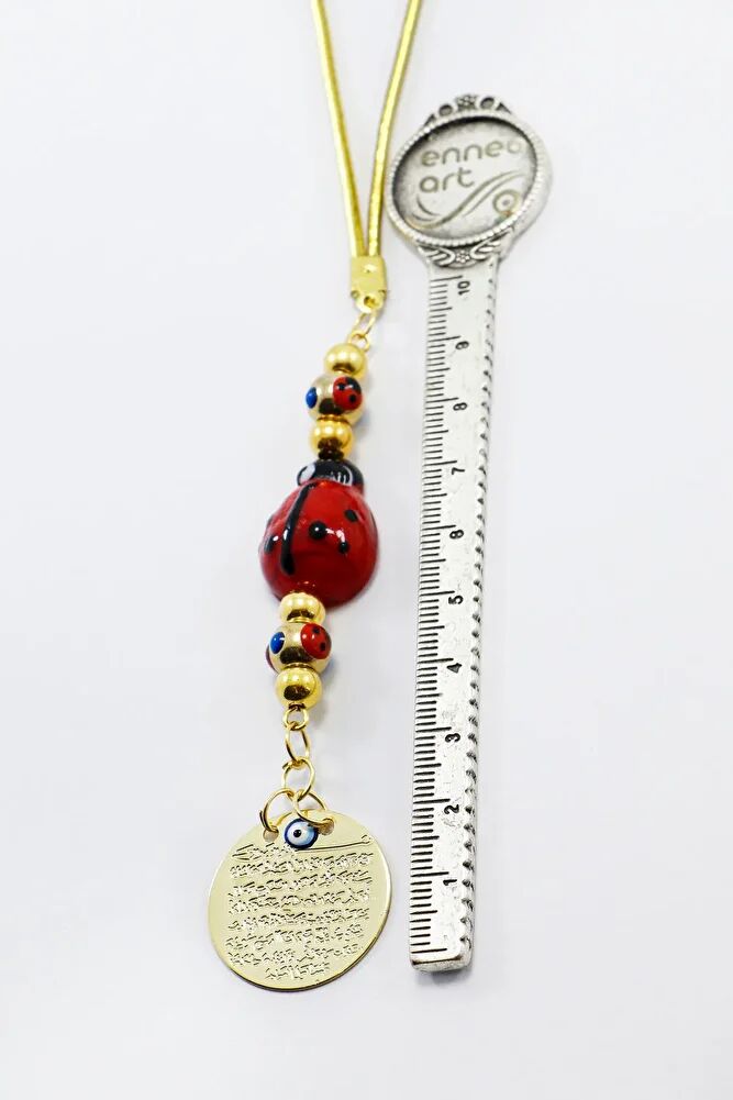 Gold Renkli Cam Uğur Böcekli Metal Ayetel Kürsi Dualı Dikiz Ayna Süsü, Yeni Araba Hediyesi