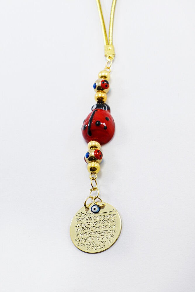 Gold Renkli Cam Uğur Böcekli Metal Ayetel Kürsi Dualı Dikiz Ayna Süsü, Yeni Araba Hediyesi